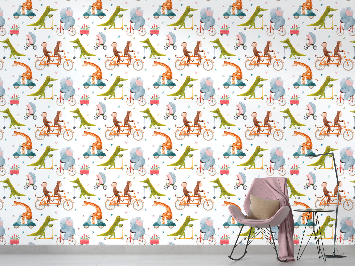 Whimsical wallpaper with biking animals for children
