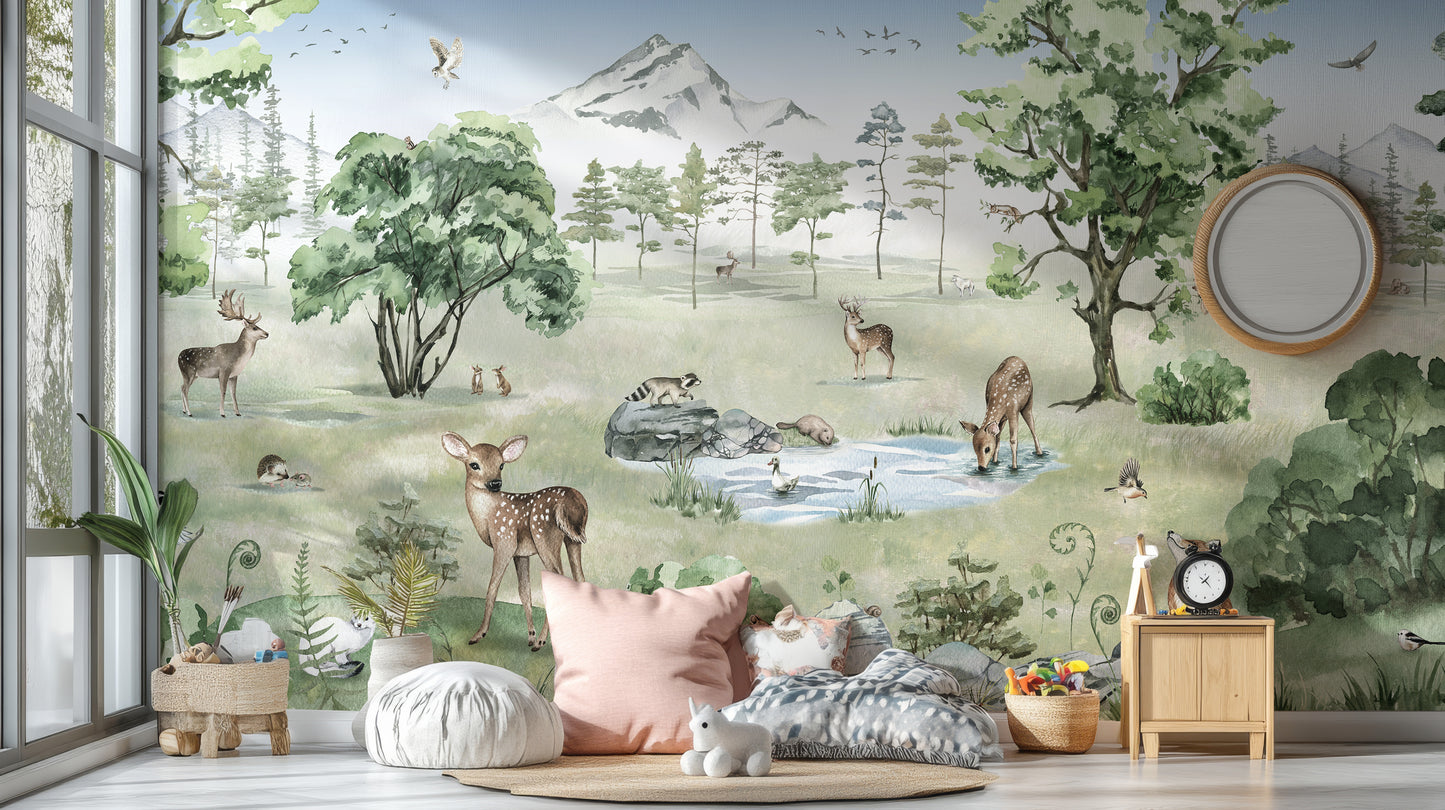 Majestic deer mural with a vibrant forest wildlife theme.