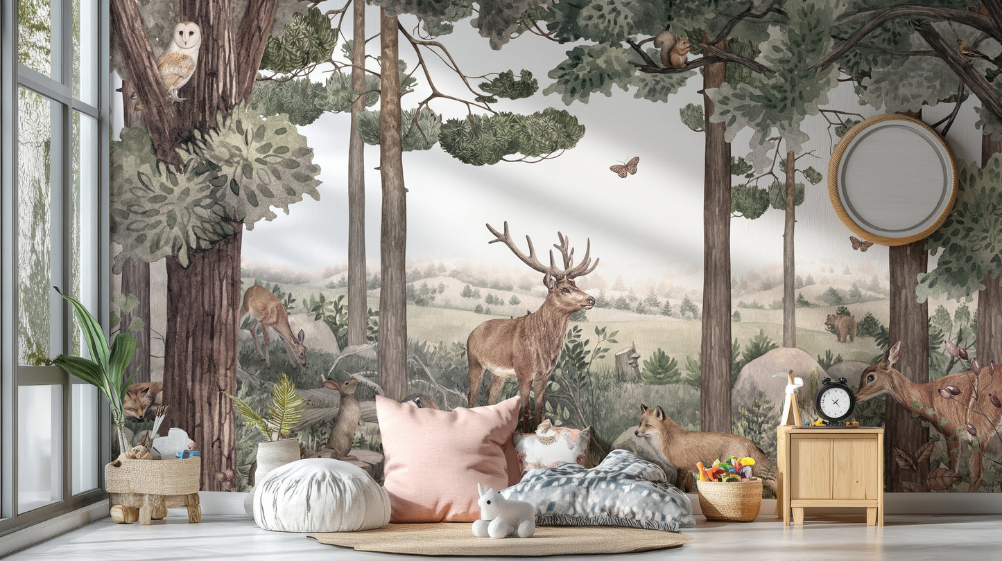 Forest-themed mural with elegant stag and deer designs.