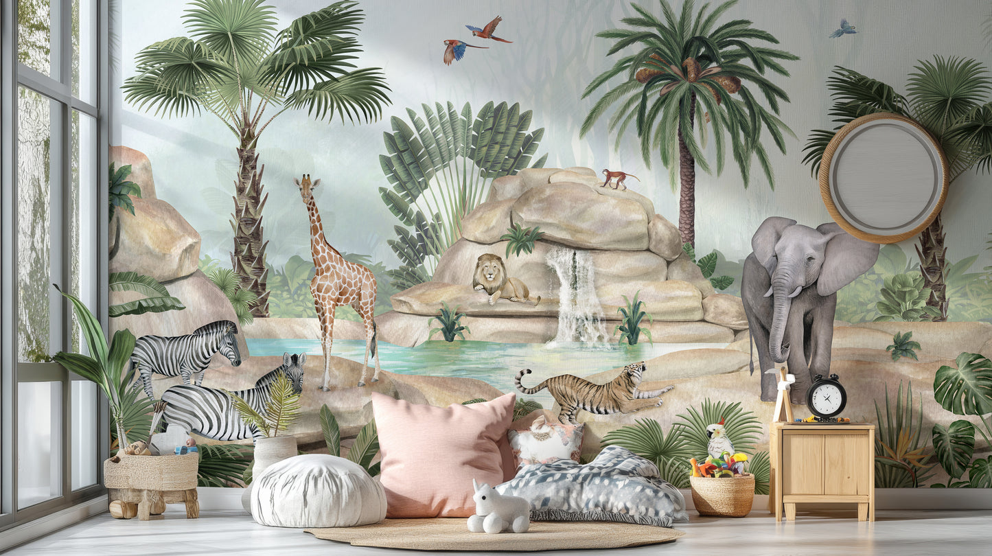 Water pond mural with vibrant watercolor animal designs.