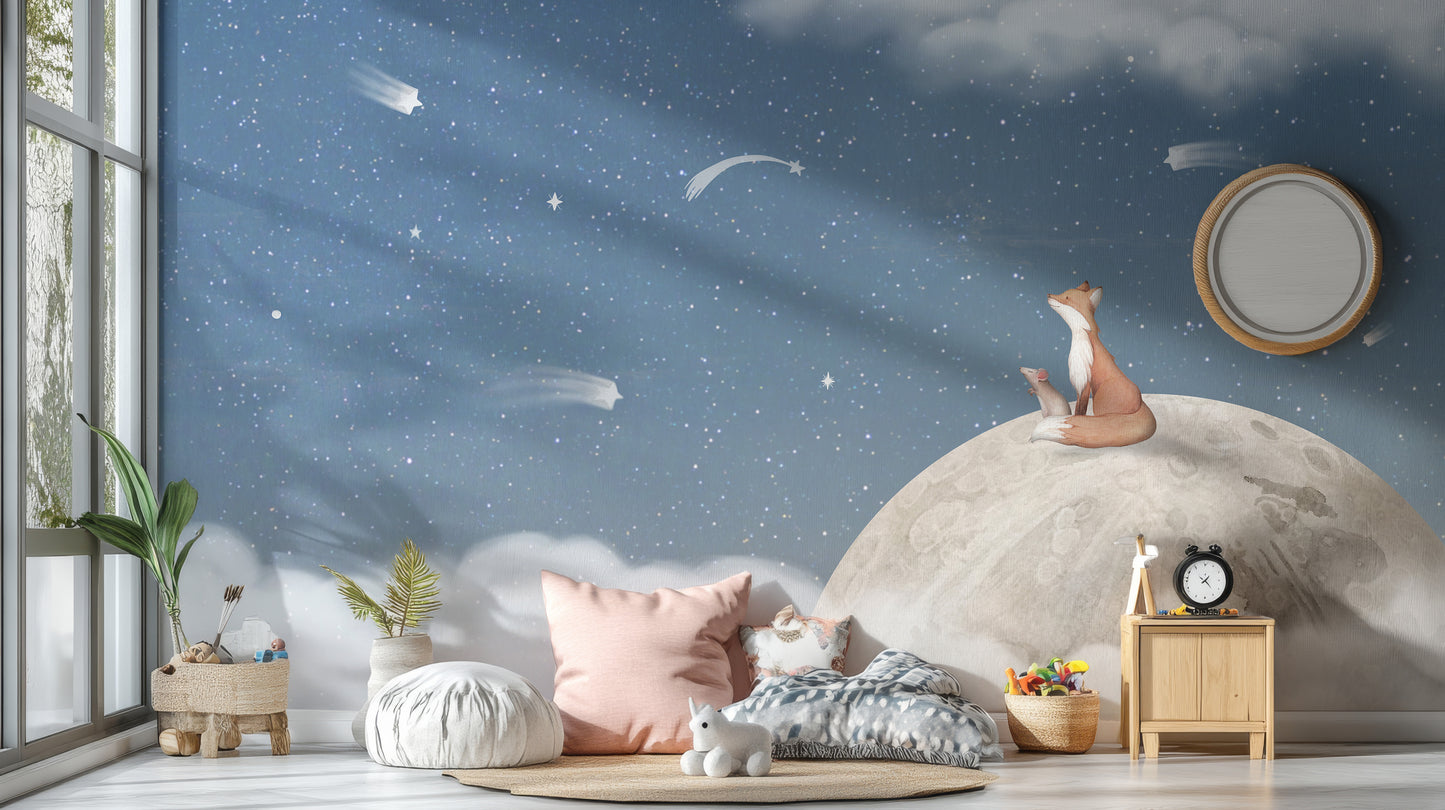 Nature-inspired blue mural with a fox and celestial theme