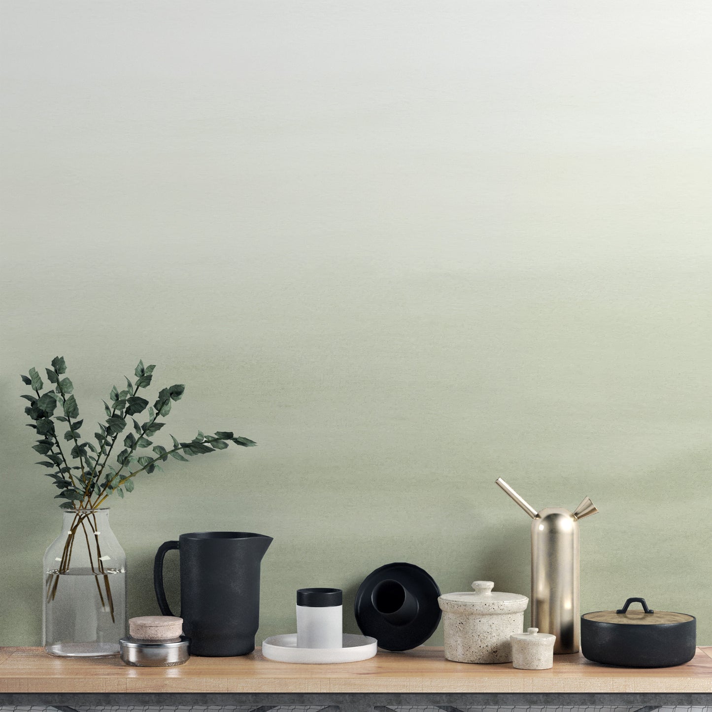 Contemporary wall mural showcasing a fading olive green design