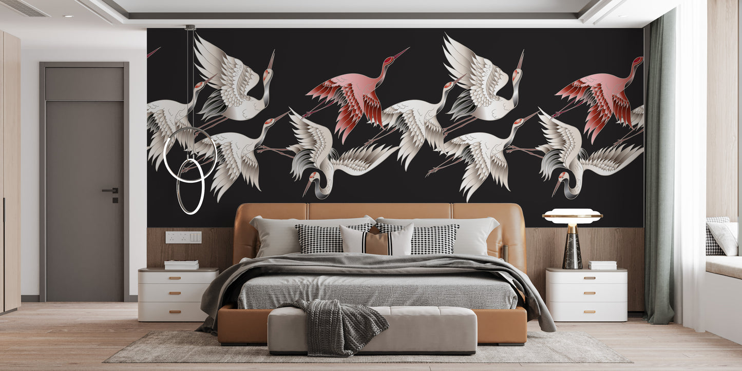 Flying cranes adorn this stylish mural wallpaper