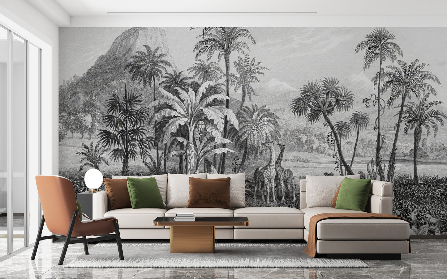Tropical jungle wallpaper in monochrome tones for a modern look
