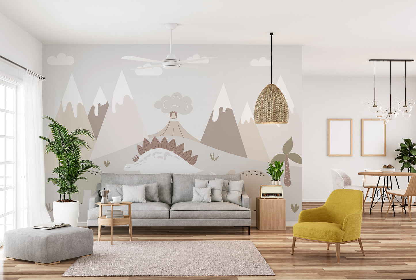 Fun dinosaur valley wallpaper mural for kids' decor