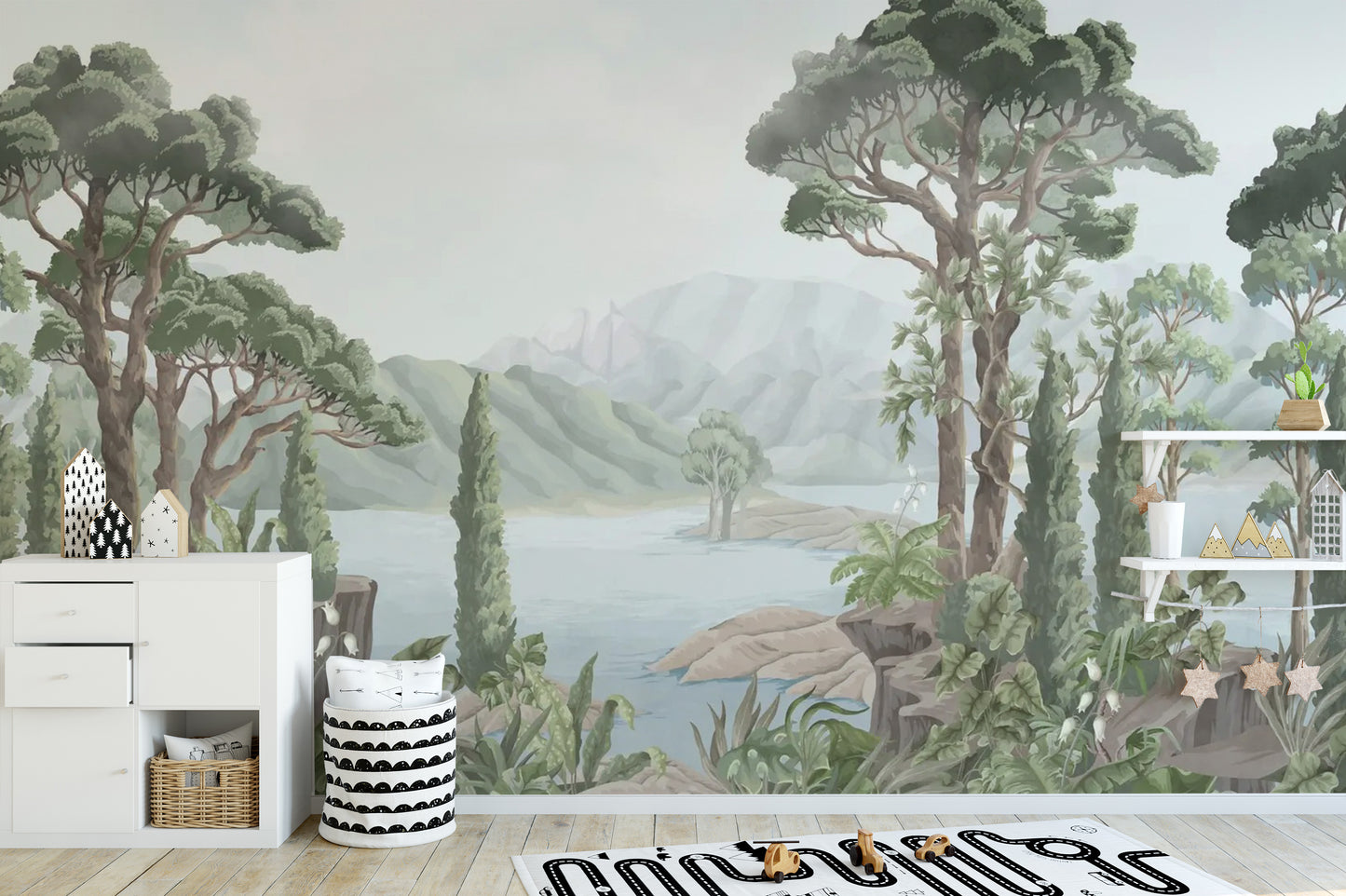 Lush jungle wall mural featuring scenic landscapes