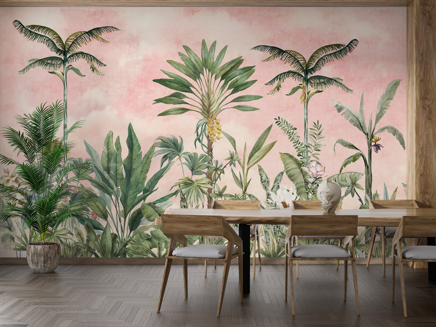 Lush pink tropical mural for a refreshing ambiance