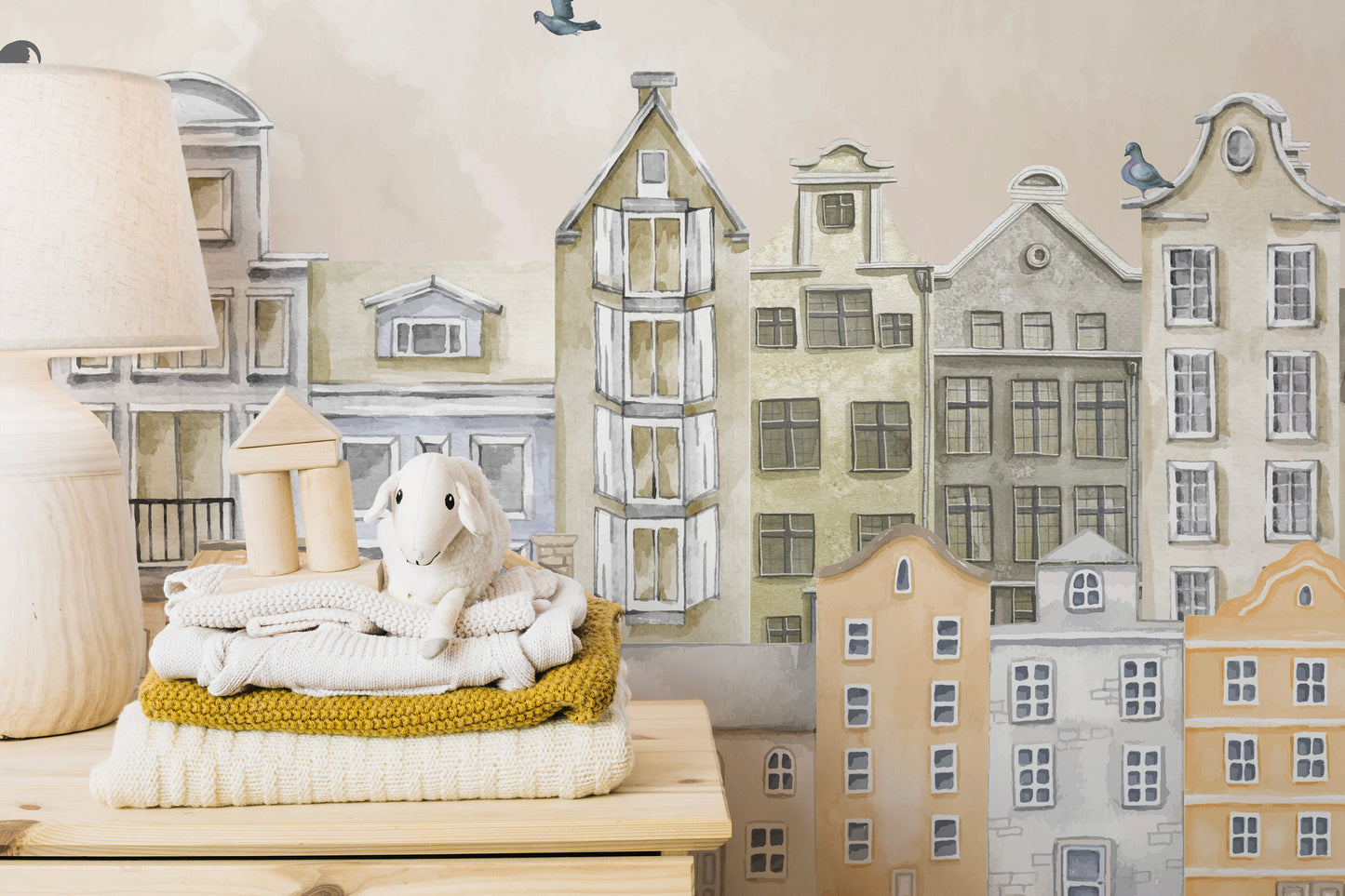 Watercolor Houses Wallpaper Mural with a tranquil feel