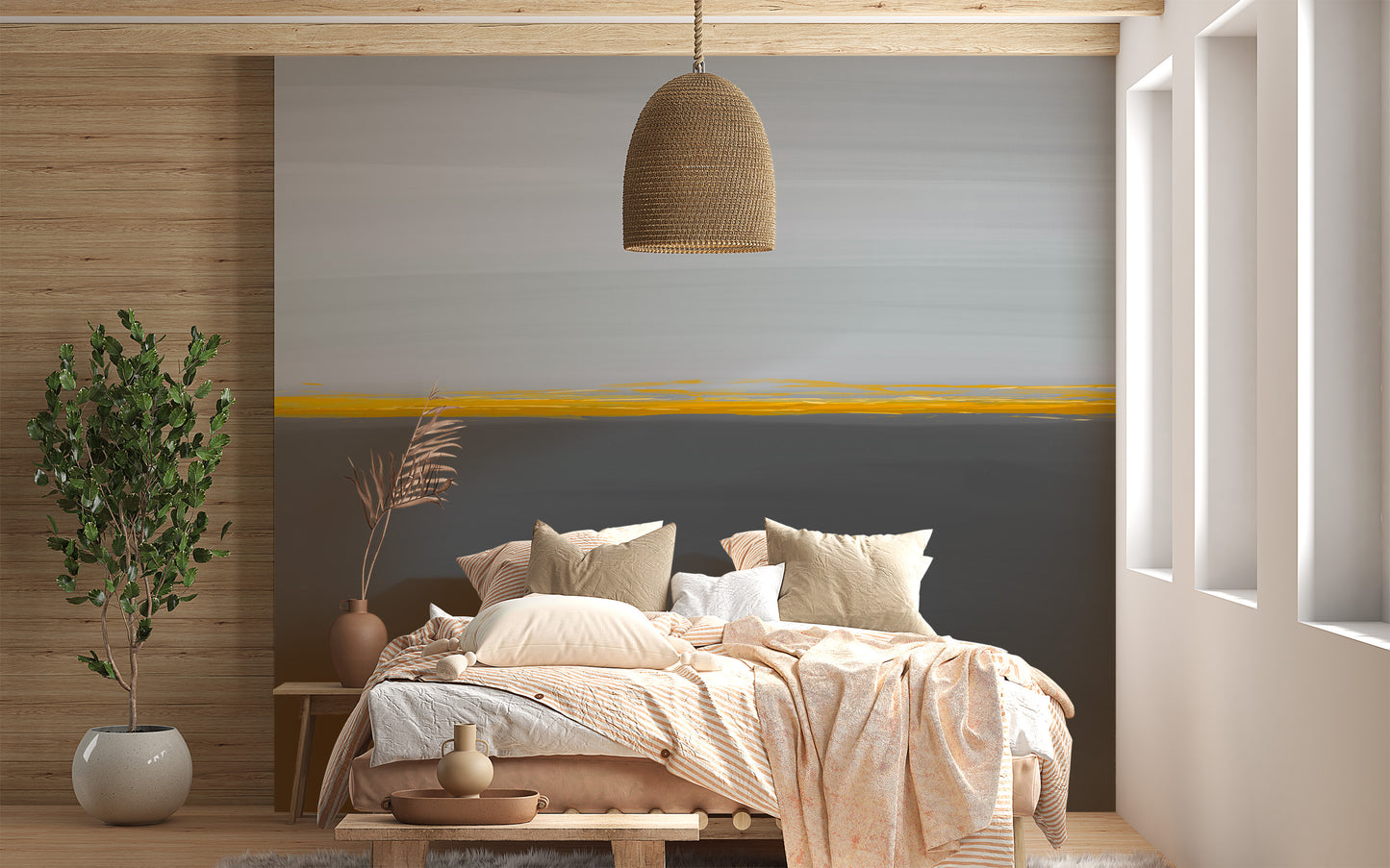 Serene golden horizon mural with warm tones.