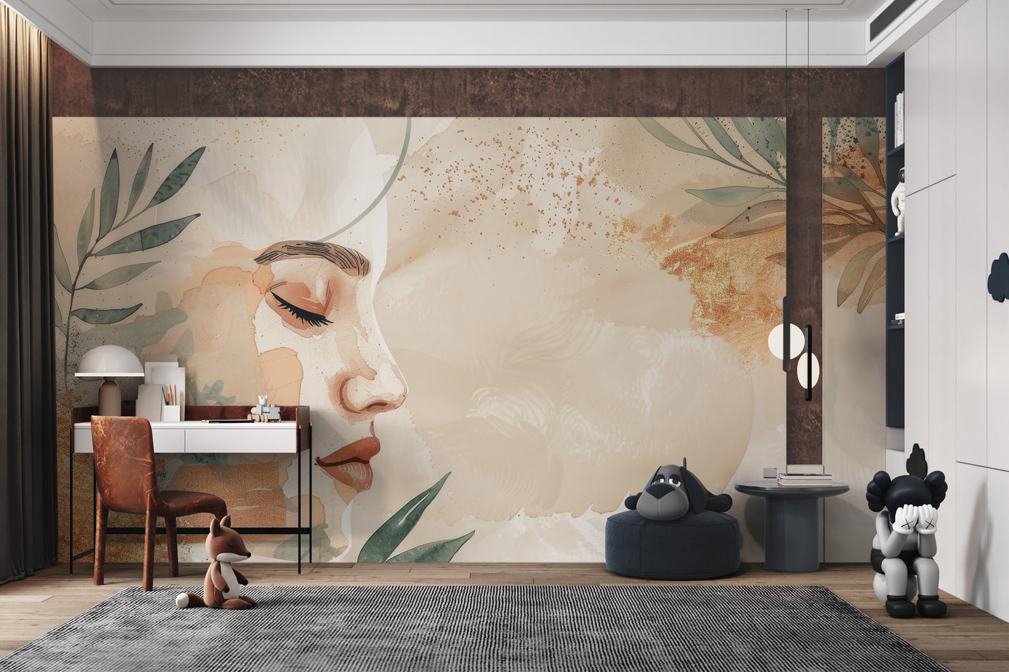 Floral watercolor female mural with botanical elements