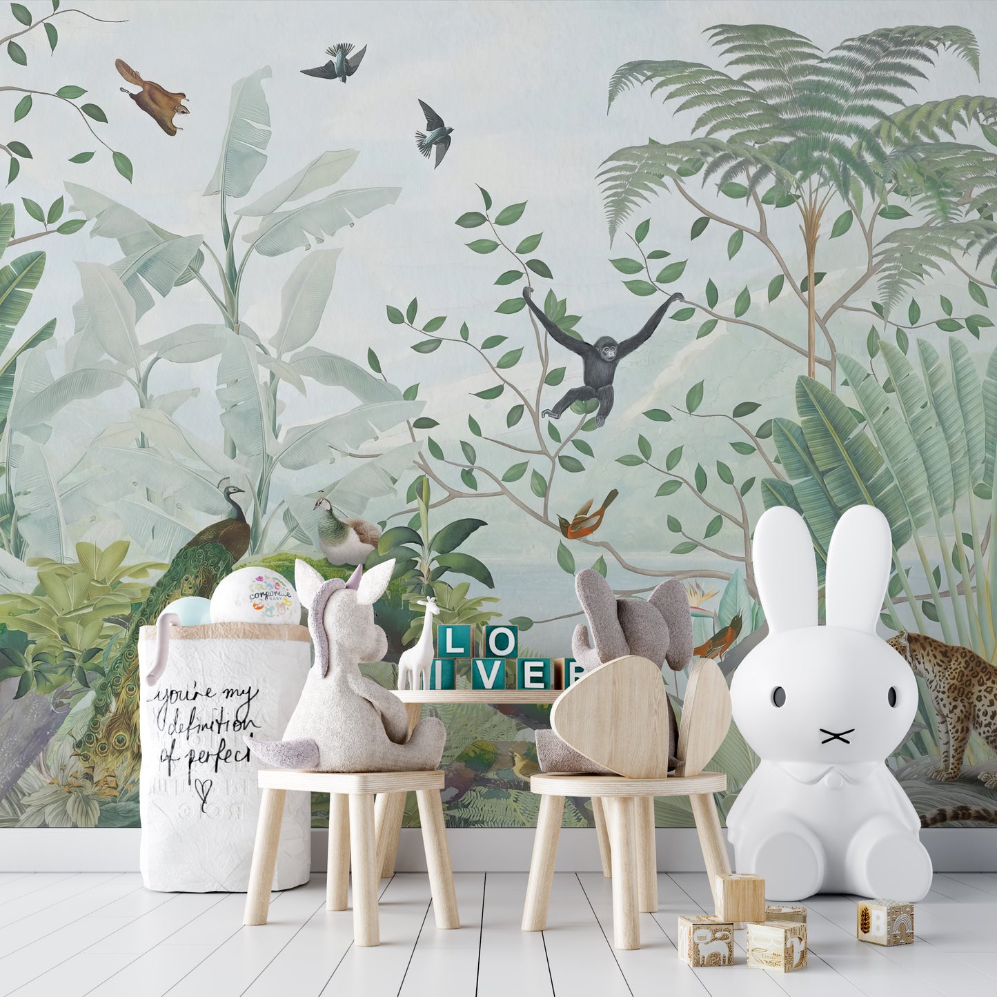 Bright and cheerful jungle wallpaper perfect for a nursery