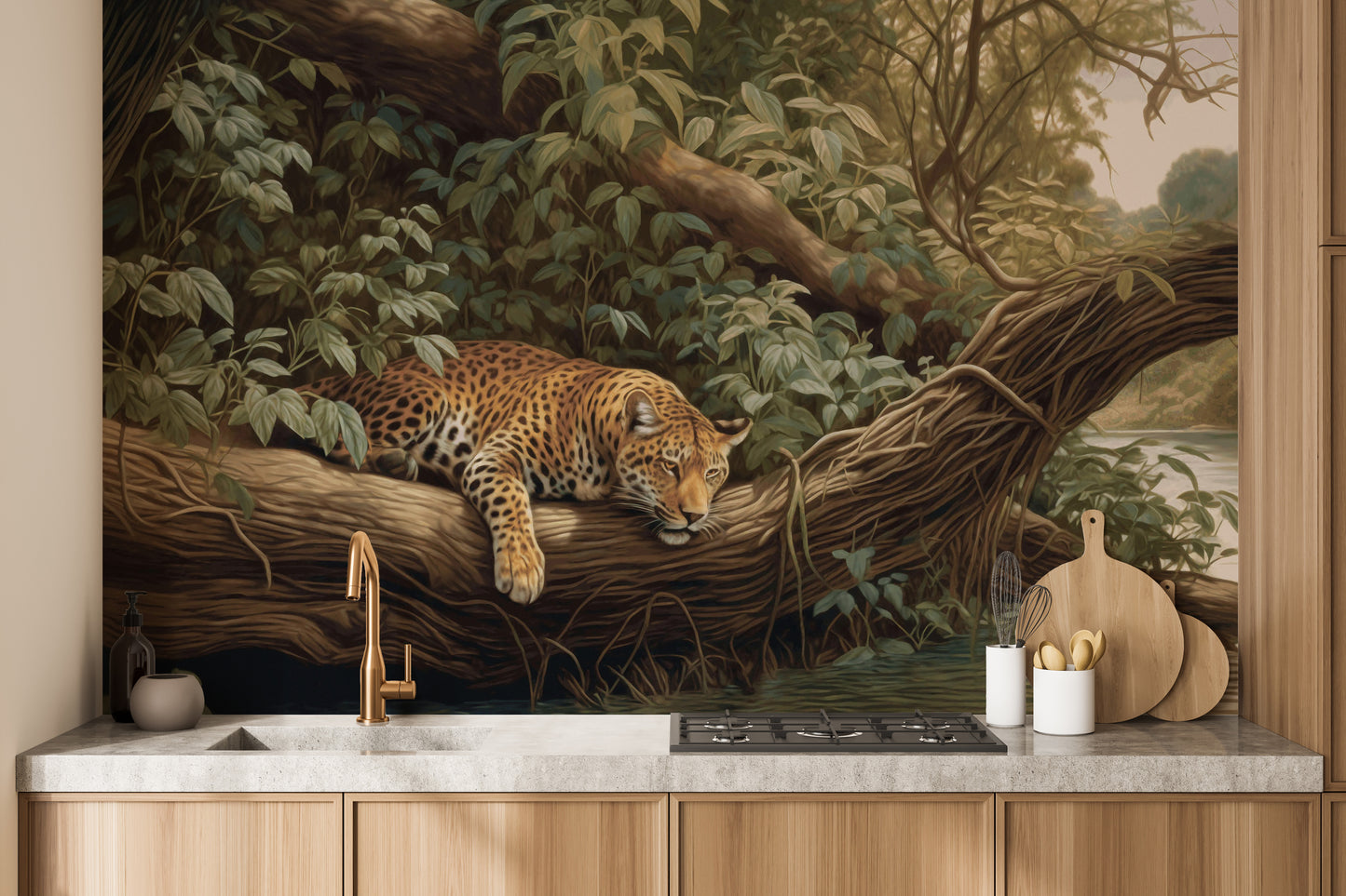 Dramatic jungle landscape mural with leopard for interiors