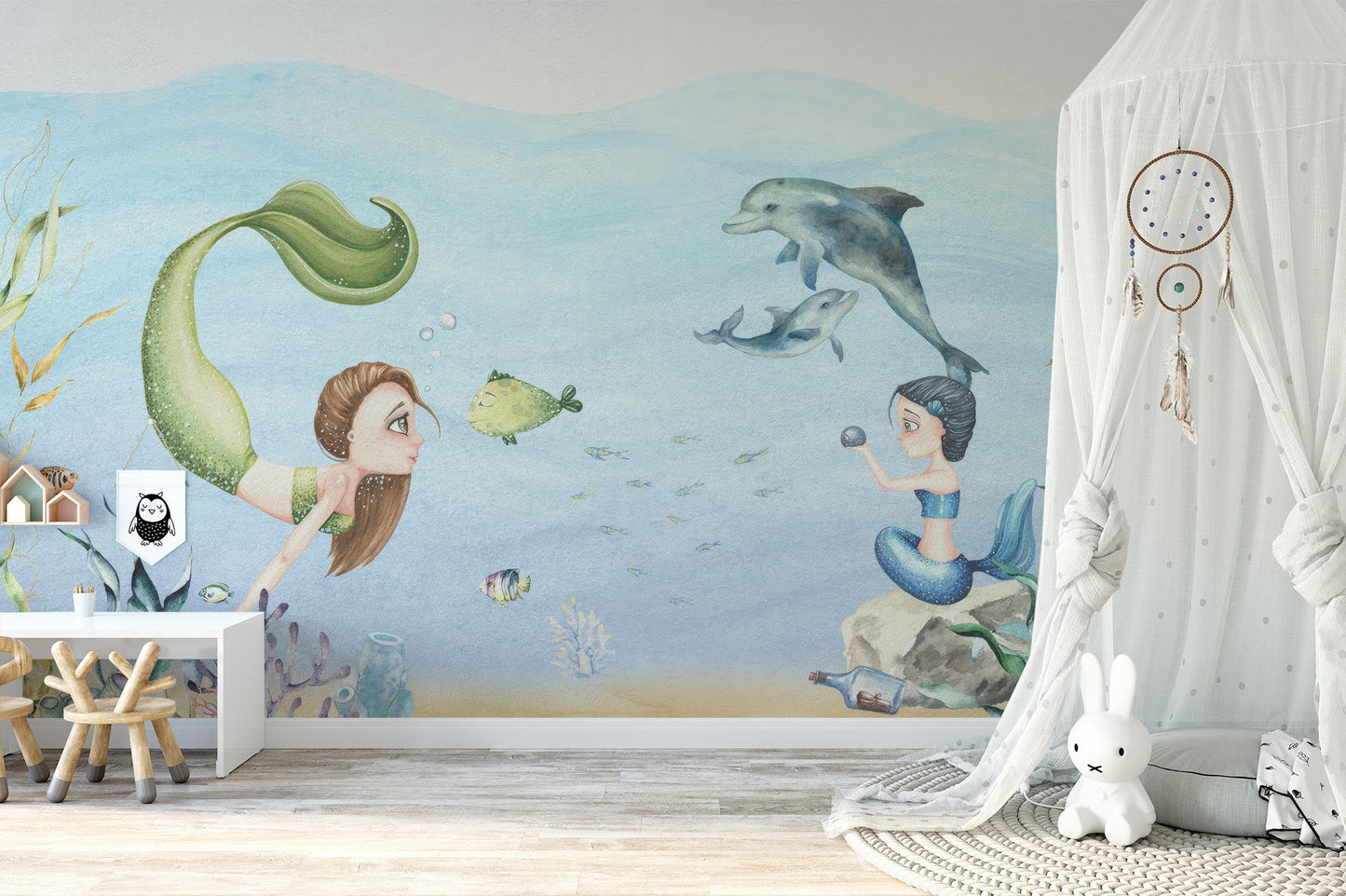 Enchanting mermaid wallpaper mural featuring whimsical ocean elements