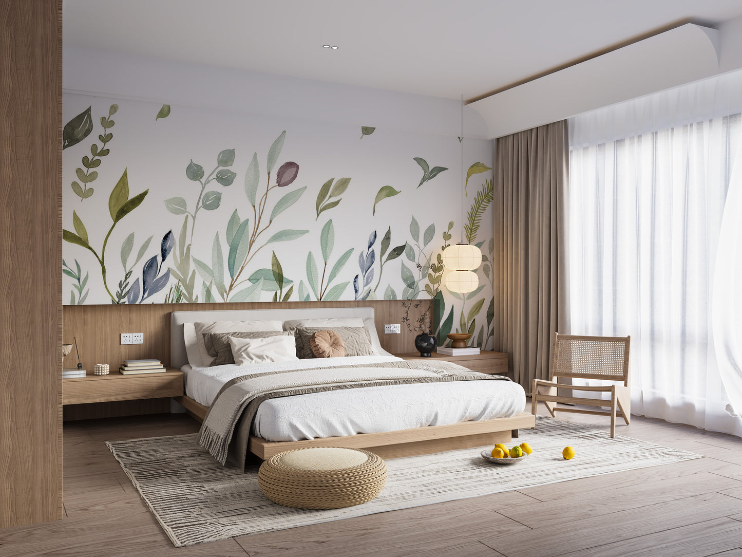 Watercolor-inspired leaves mural for tranquil spaces