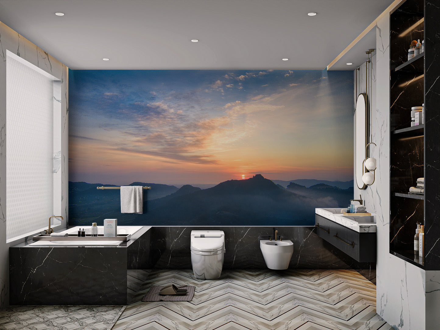 Tranquil mountain sunset scene wallpaper