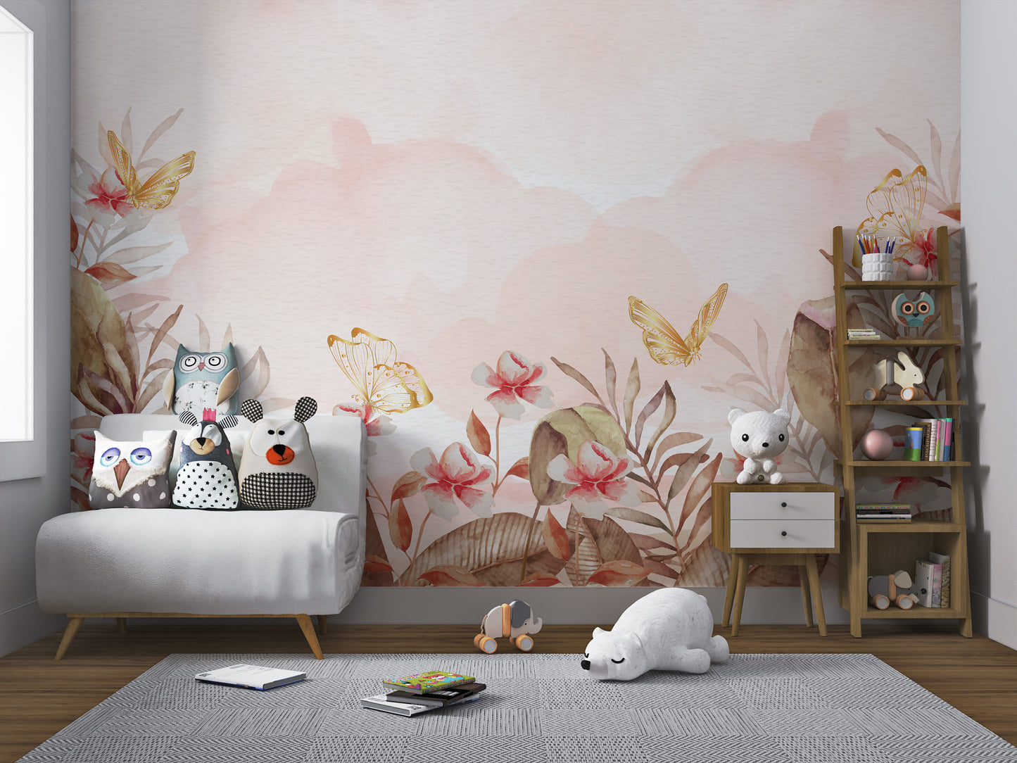 Delicate gold butterfly and flower wallpaper