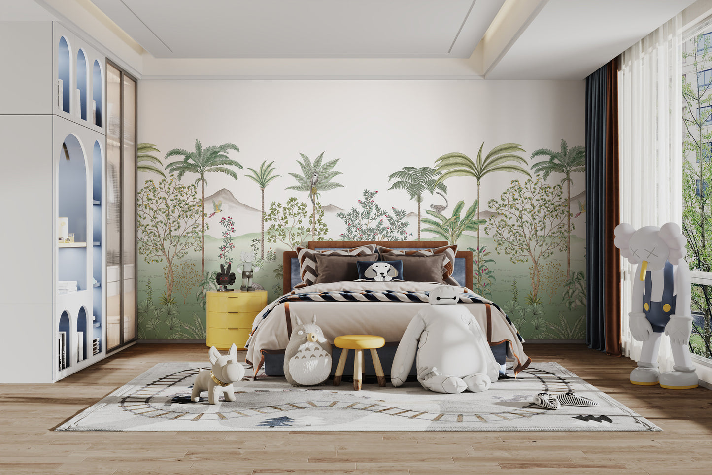 Artistic green tropical chinoiserie mural for interiors