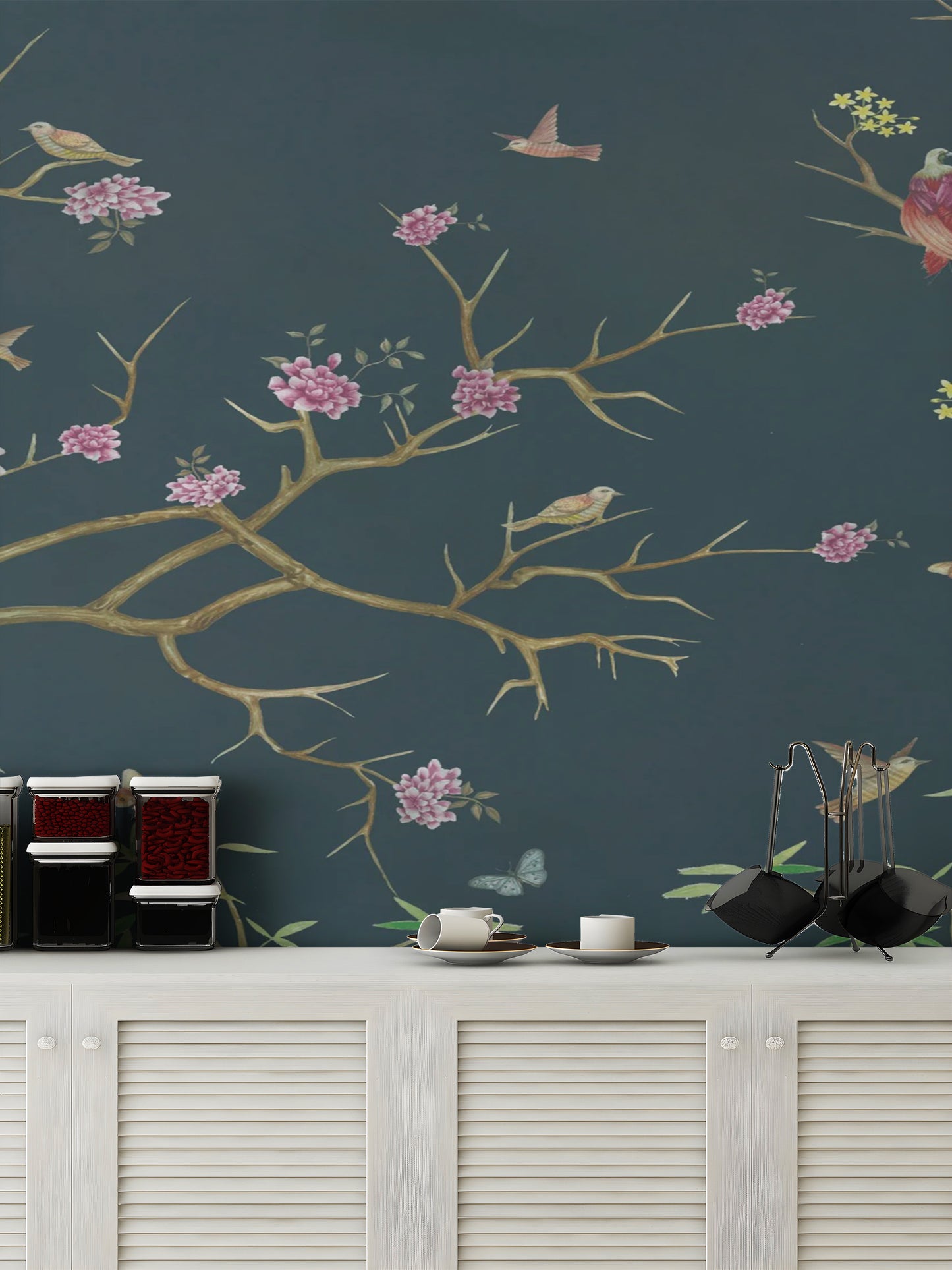 Decorative chinoiserie mural in dark blue for statement walls