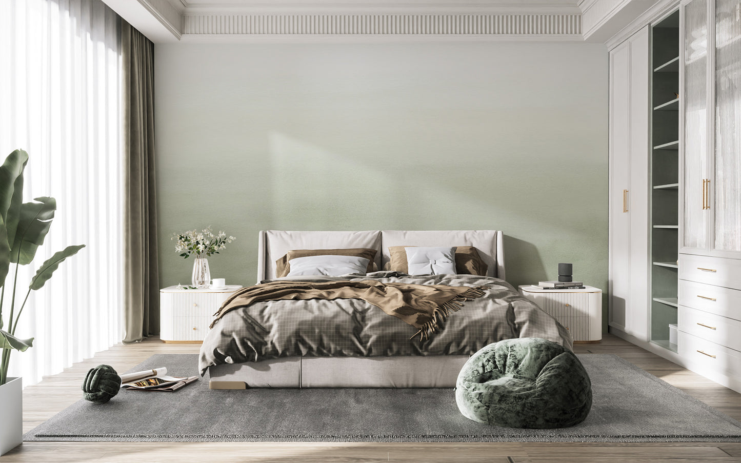 Minimalist mural with earthy olive green ombre patterns