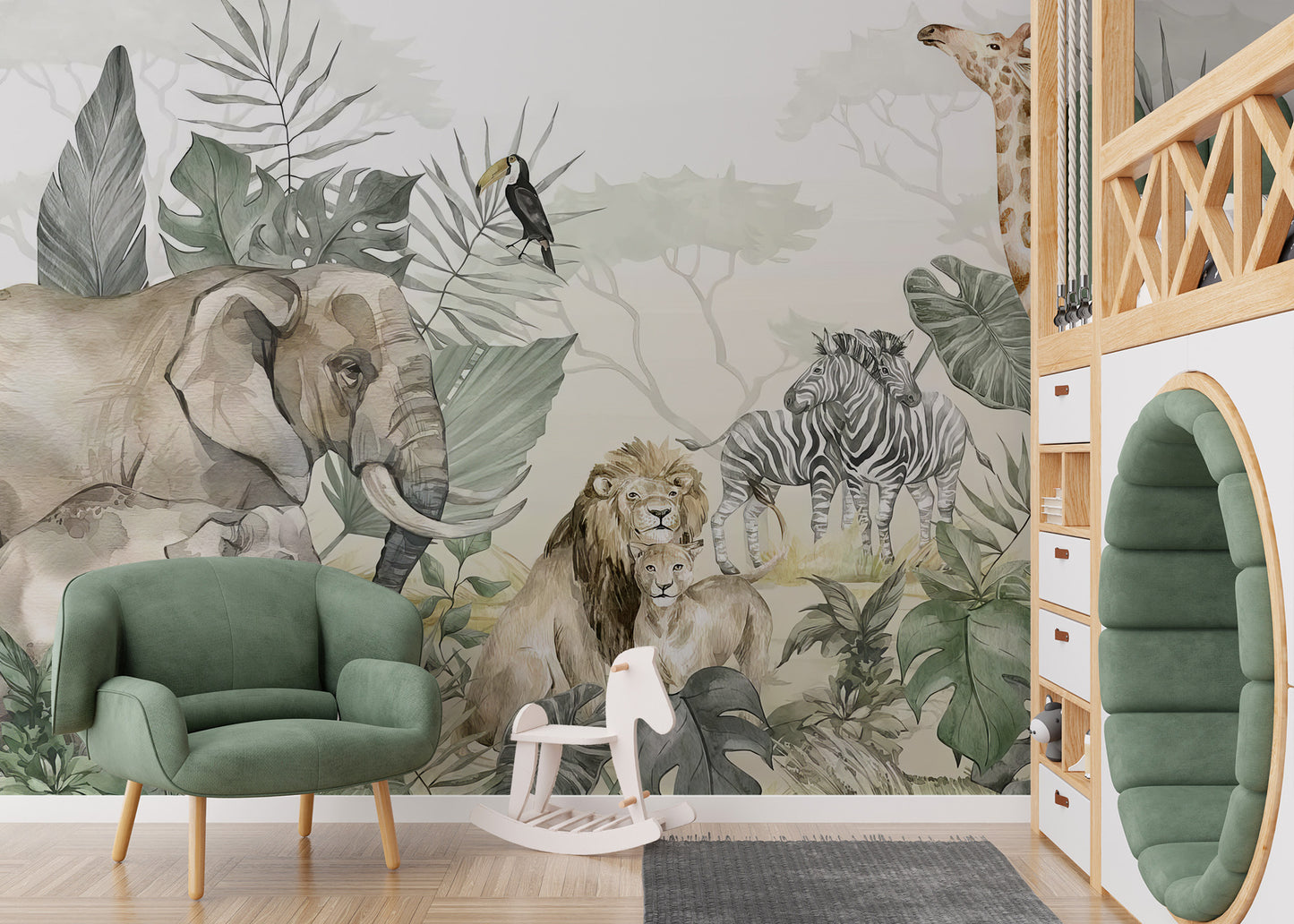Bold mural with jungle animals in a lush forest setting