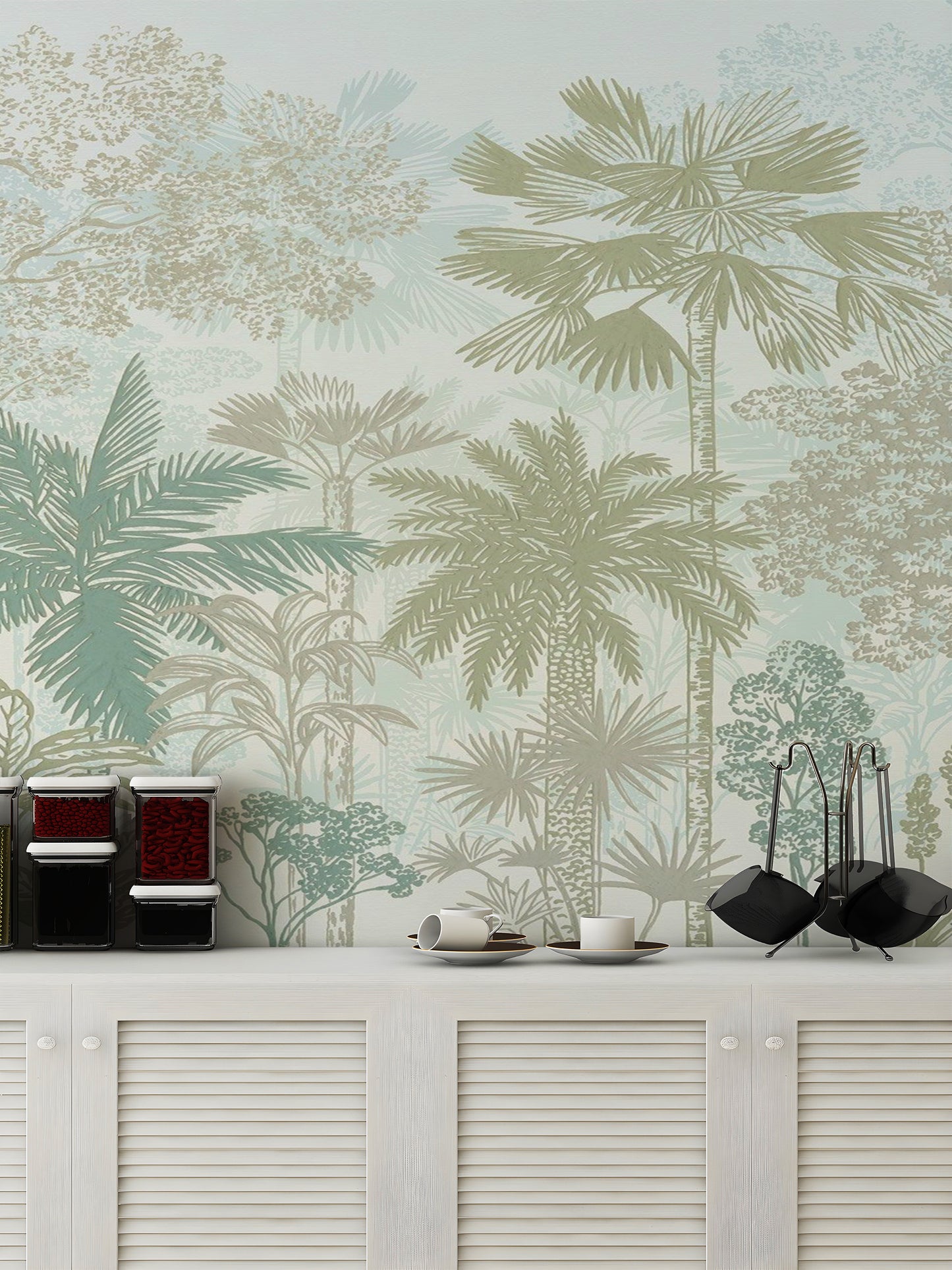 Serene soft botanical jungle mural for tranquil decor