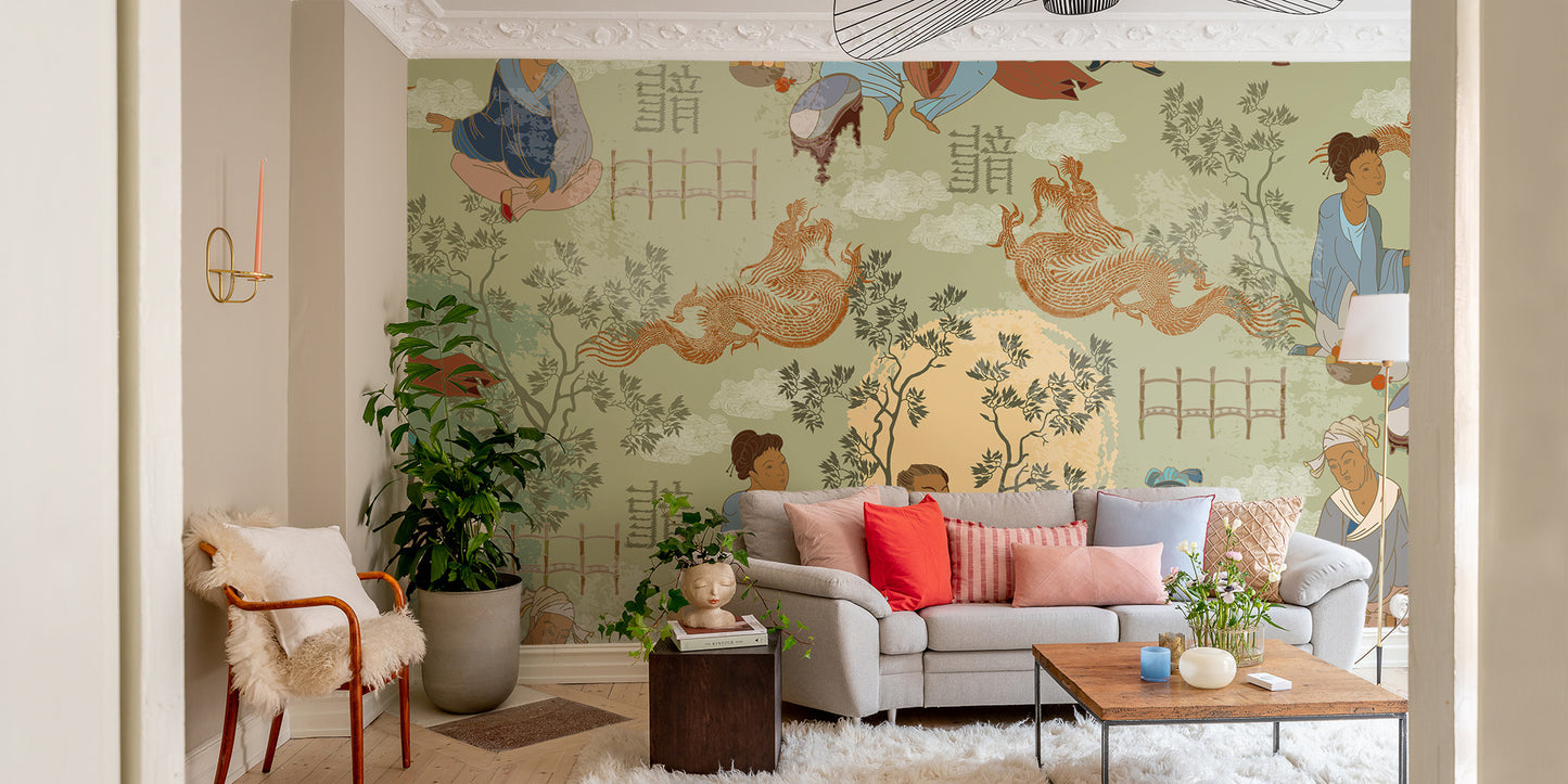 Cultural tea ceremony mural for home spaces