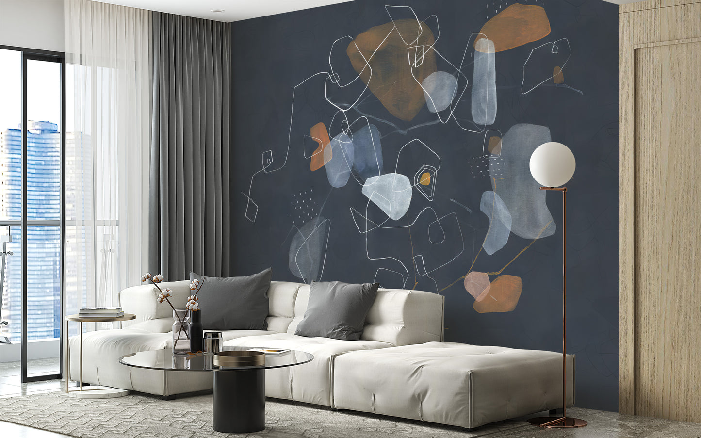 Temporary blue abstract art wallpaper for creative interiors