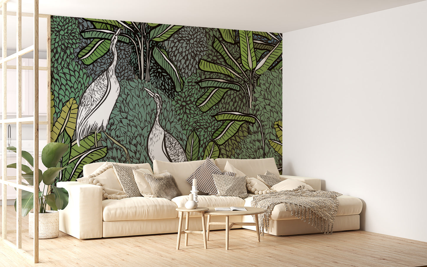 Birds and tropical leaves mural wallpaper