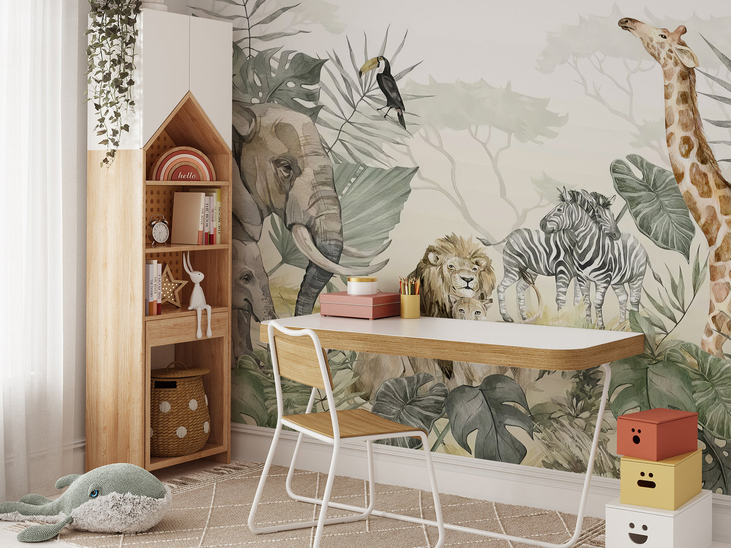 Wildlife-themed wallpaper showcasing playful jungle creatures