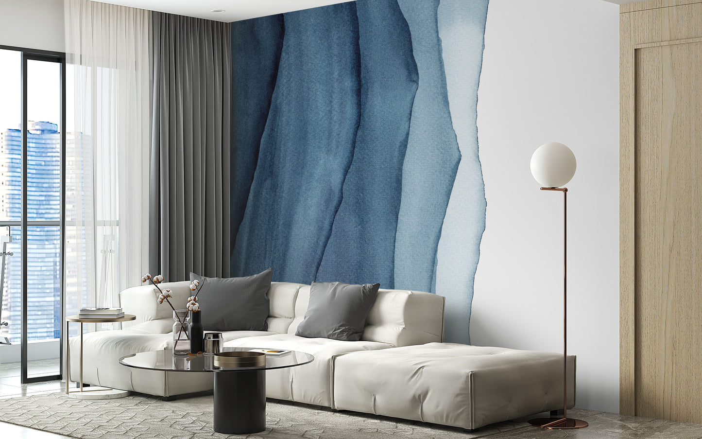 Fluid blue waves wallpaper mural with a serene, abstract flow
