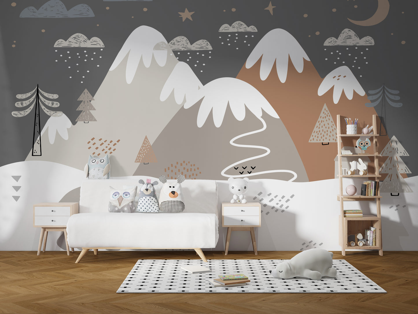 Fun bear mural with snowy mountain vibes