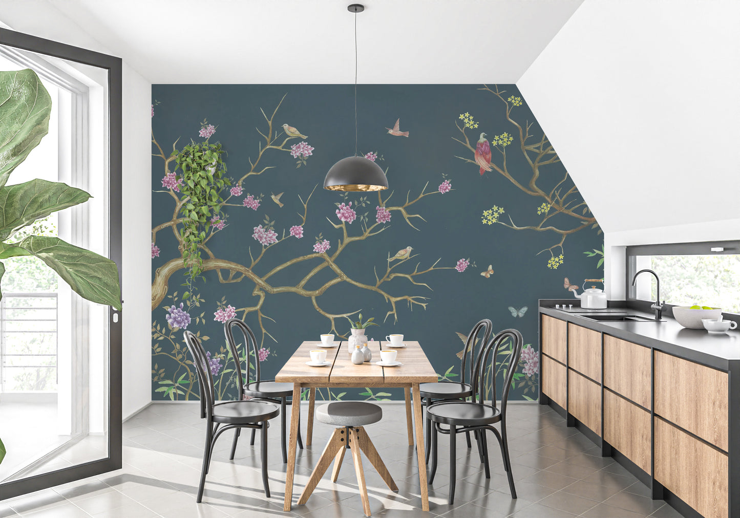 Intricate dark blue chinoiserie mural for chic decor