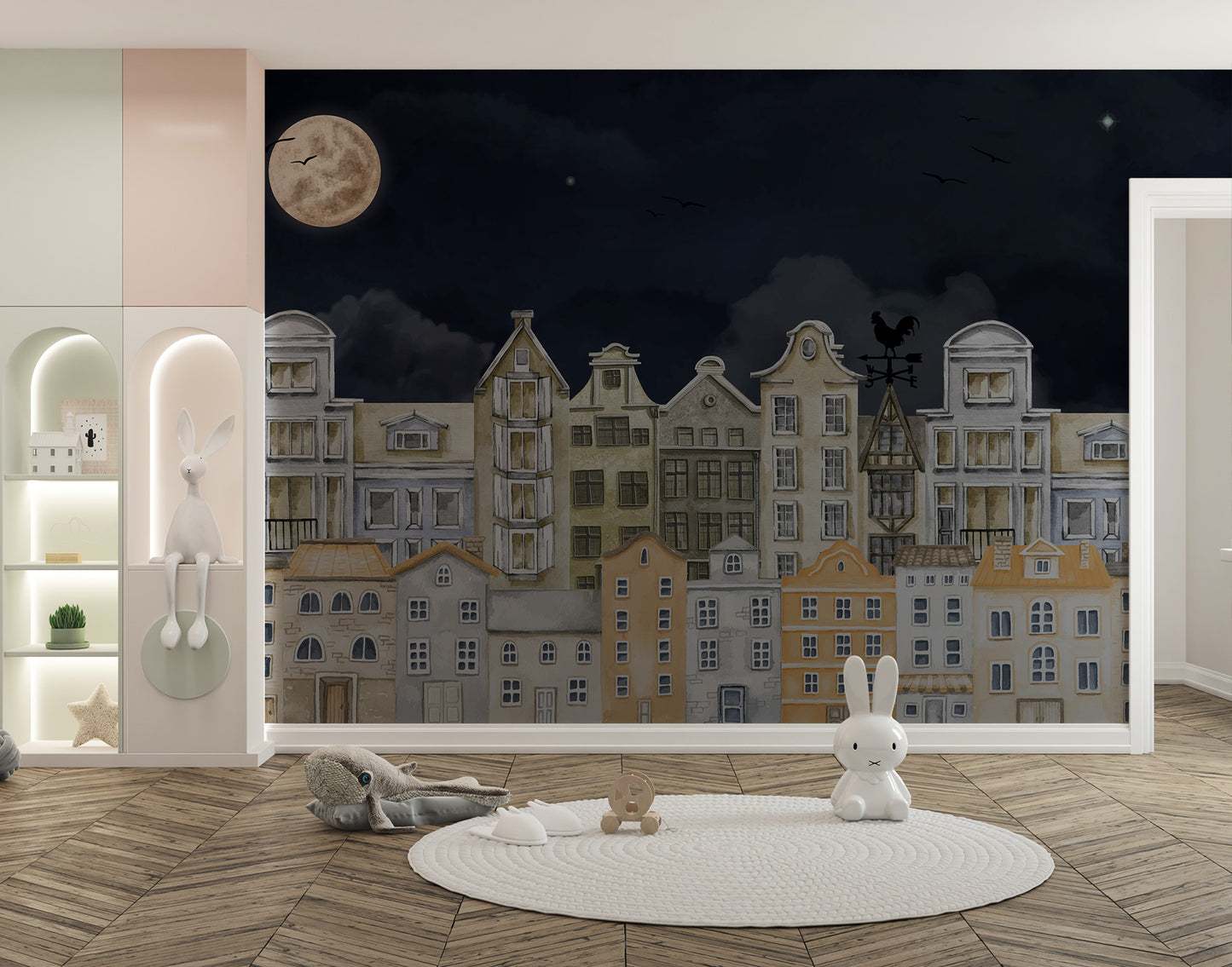 Cityscape Houses at Night Wall Mural