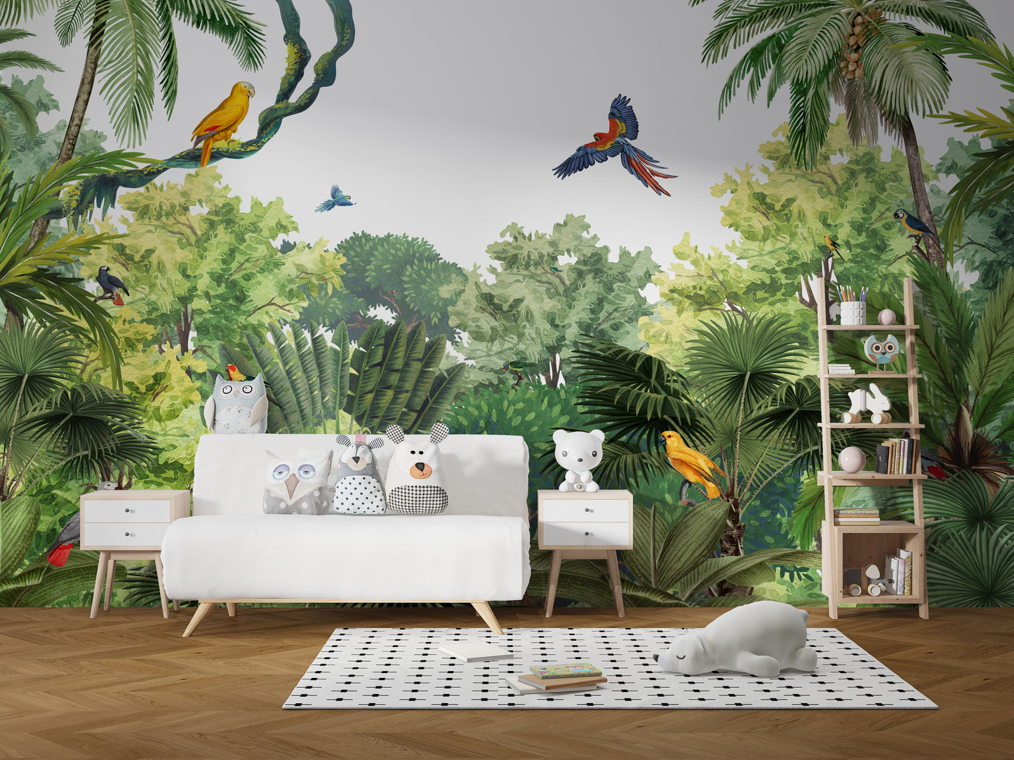 Nature-inspired mural with a variety of exotic bird designs.