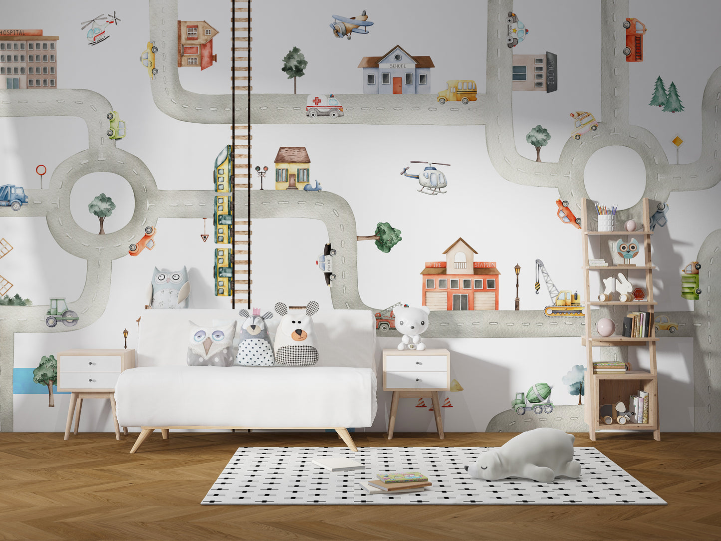 City traffic mural bringing urban charm to kids' rooms.