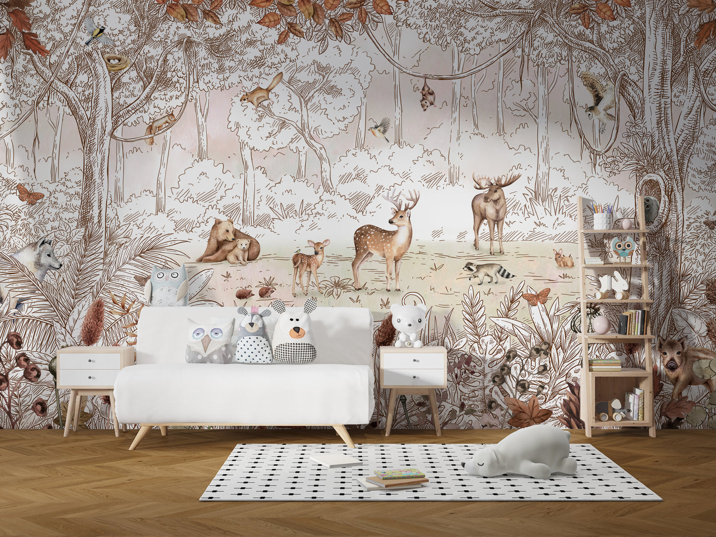Forest animals mural with a serene autumn backdrop.