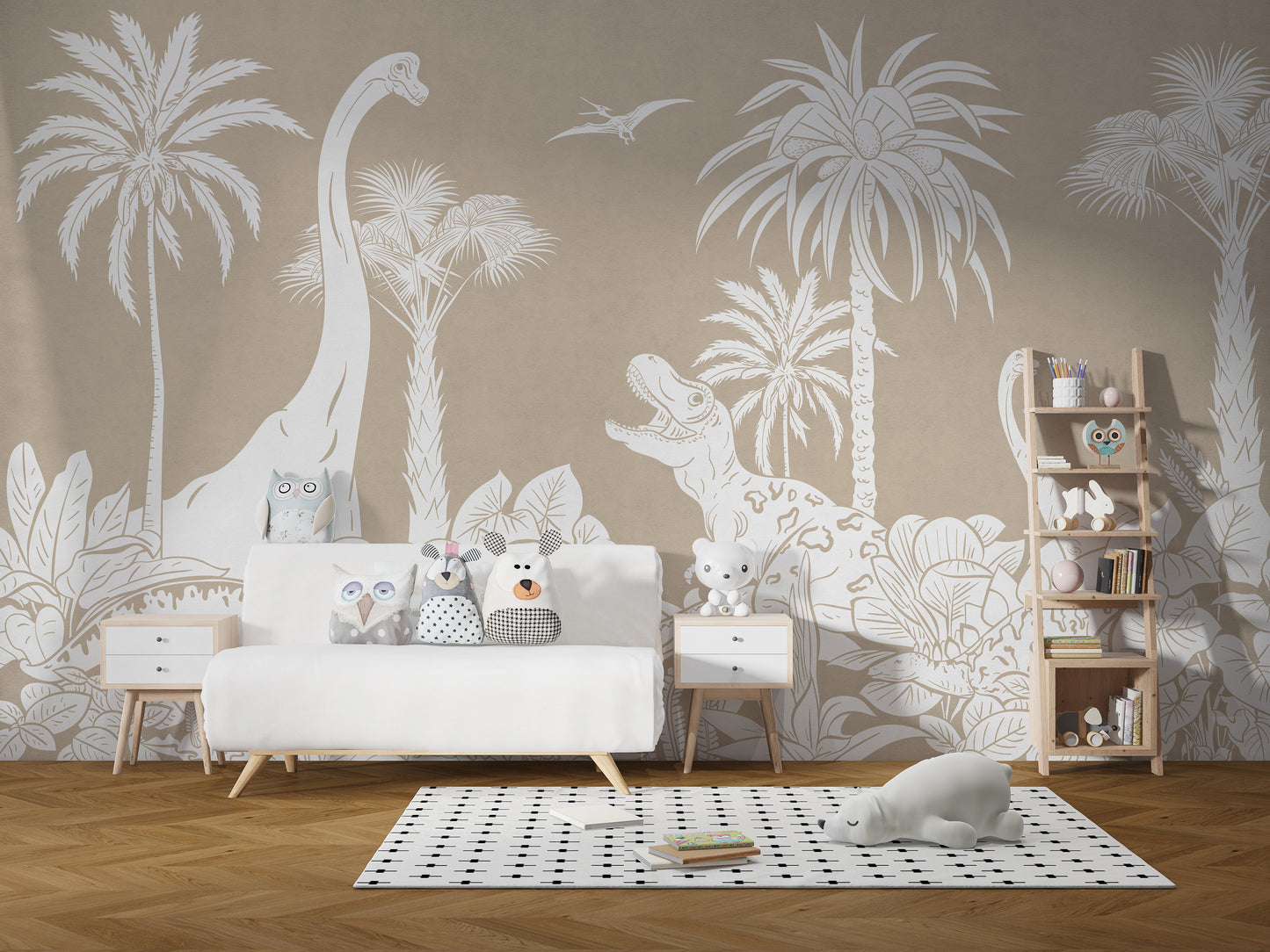 Monochrome Dino Brown mural adds rustic charm to walls.