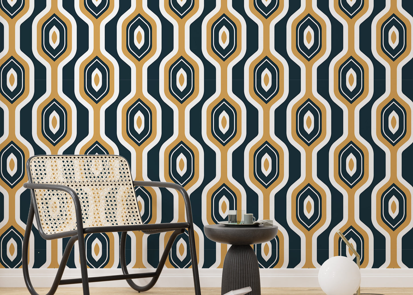 Geometric mustard Deco wallpaper for vibrant walls.