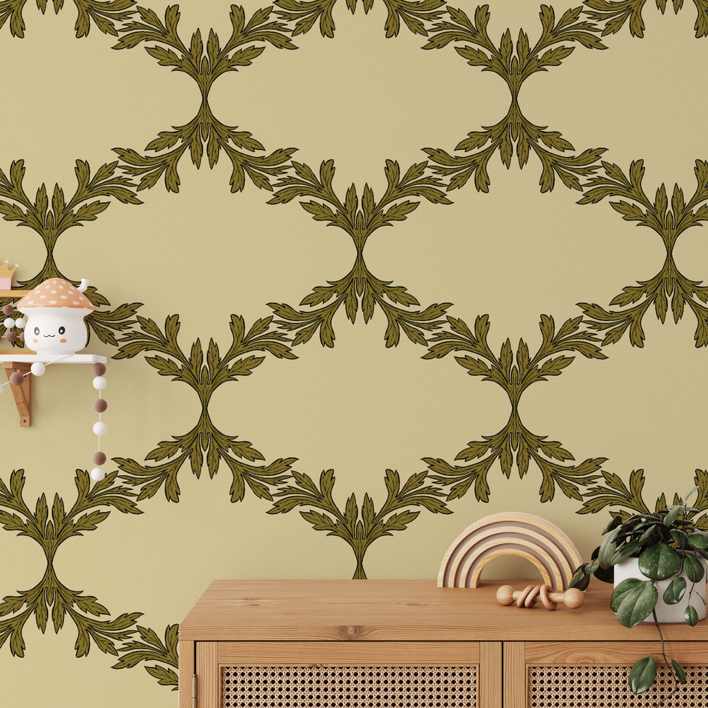 Artistic wallpaper with elegant acanthus leaves and trellis details