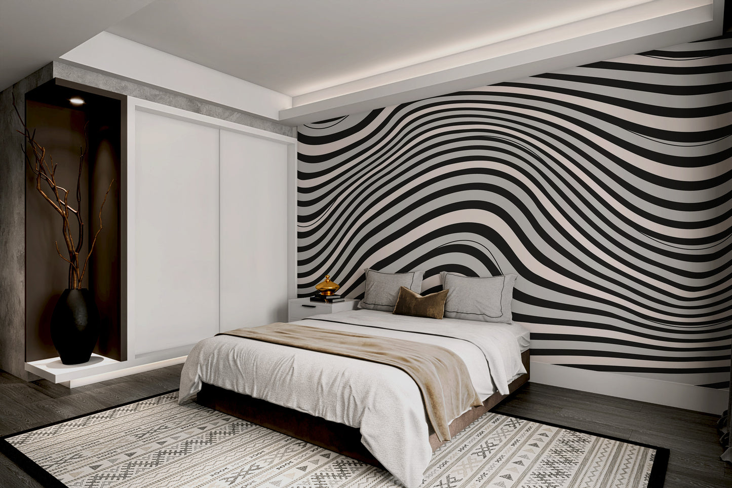Modern geometric wavy pattern wallpaper in neutral tones