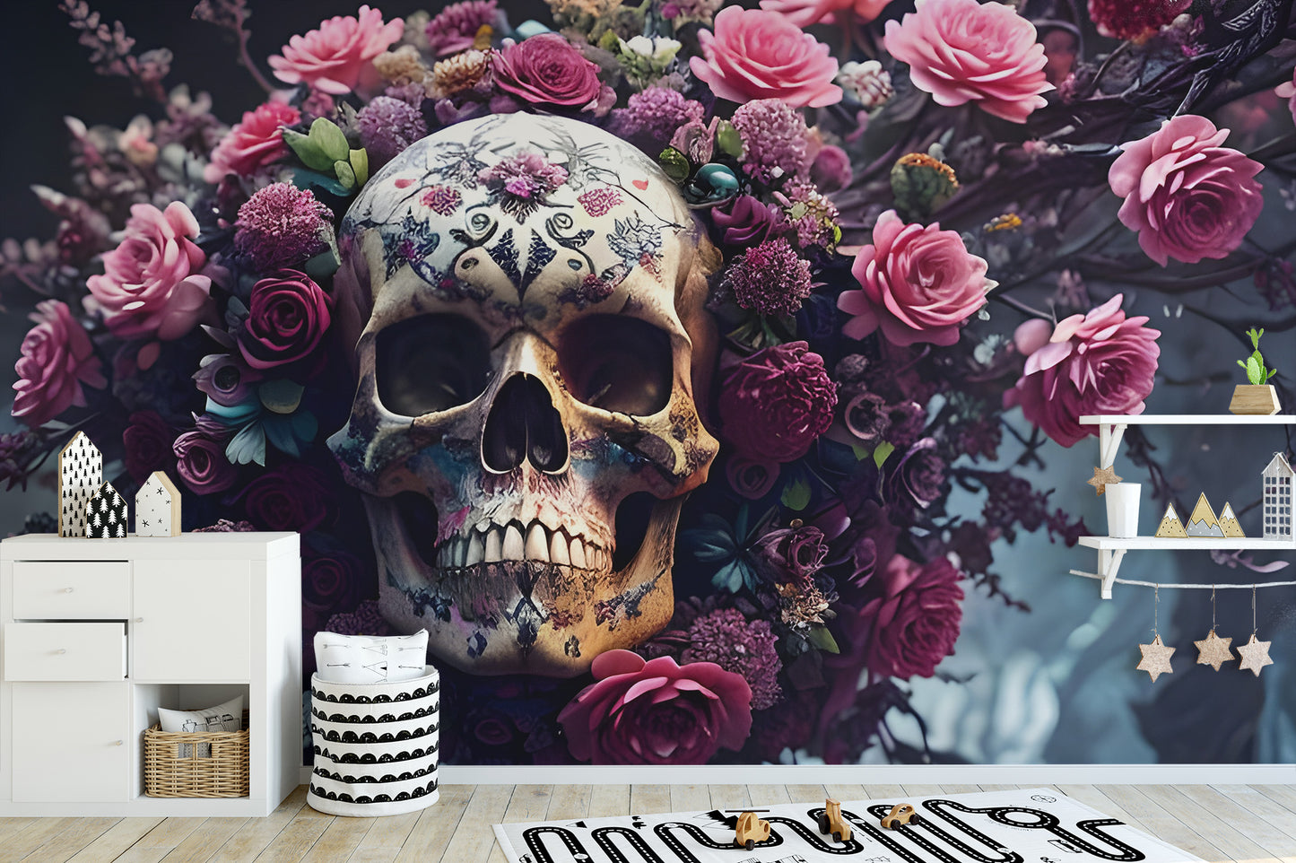 Skull and flowers mural with a Halloween-inspired twist