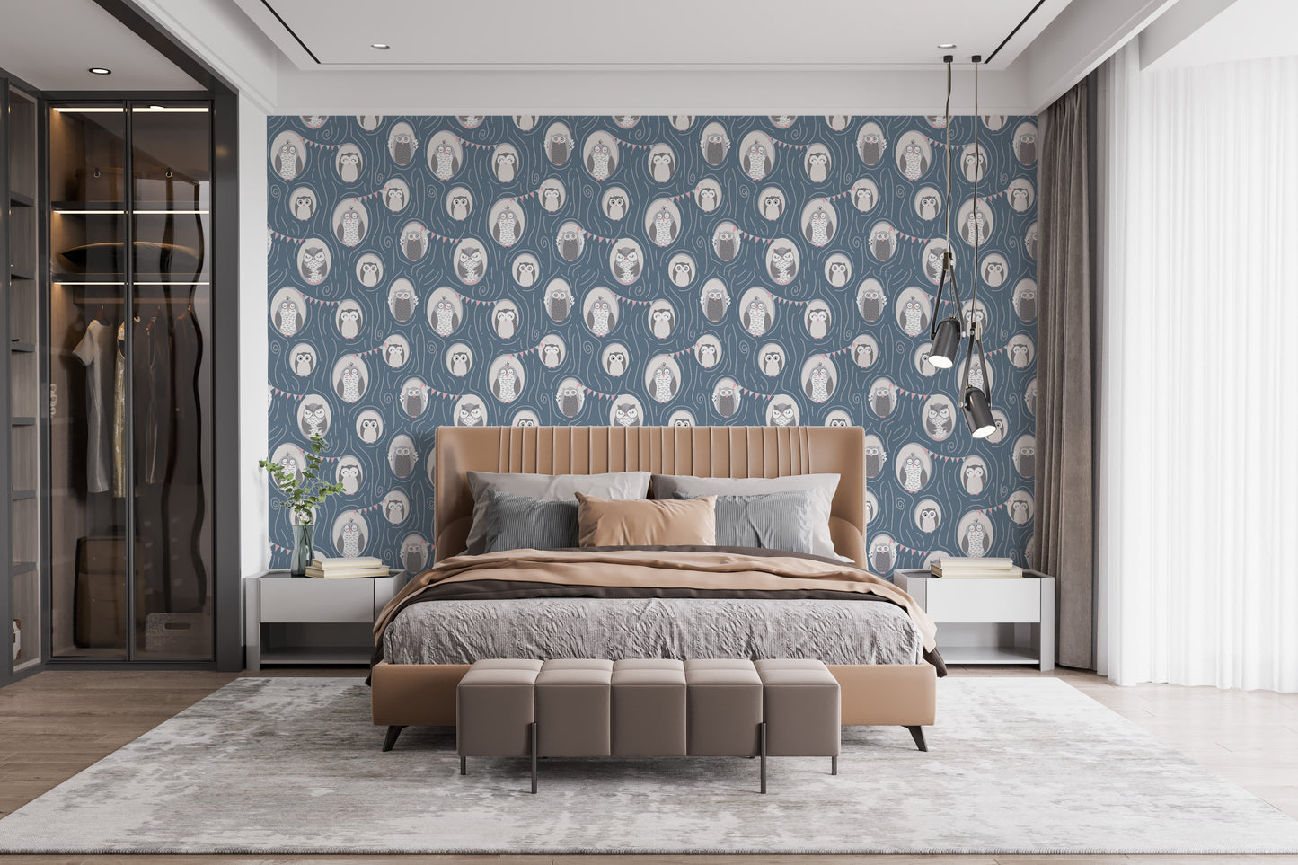 Fun and whimsical owl and burrow pattern wallpaper with tree accents