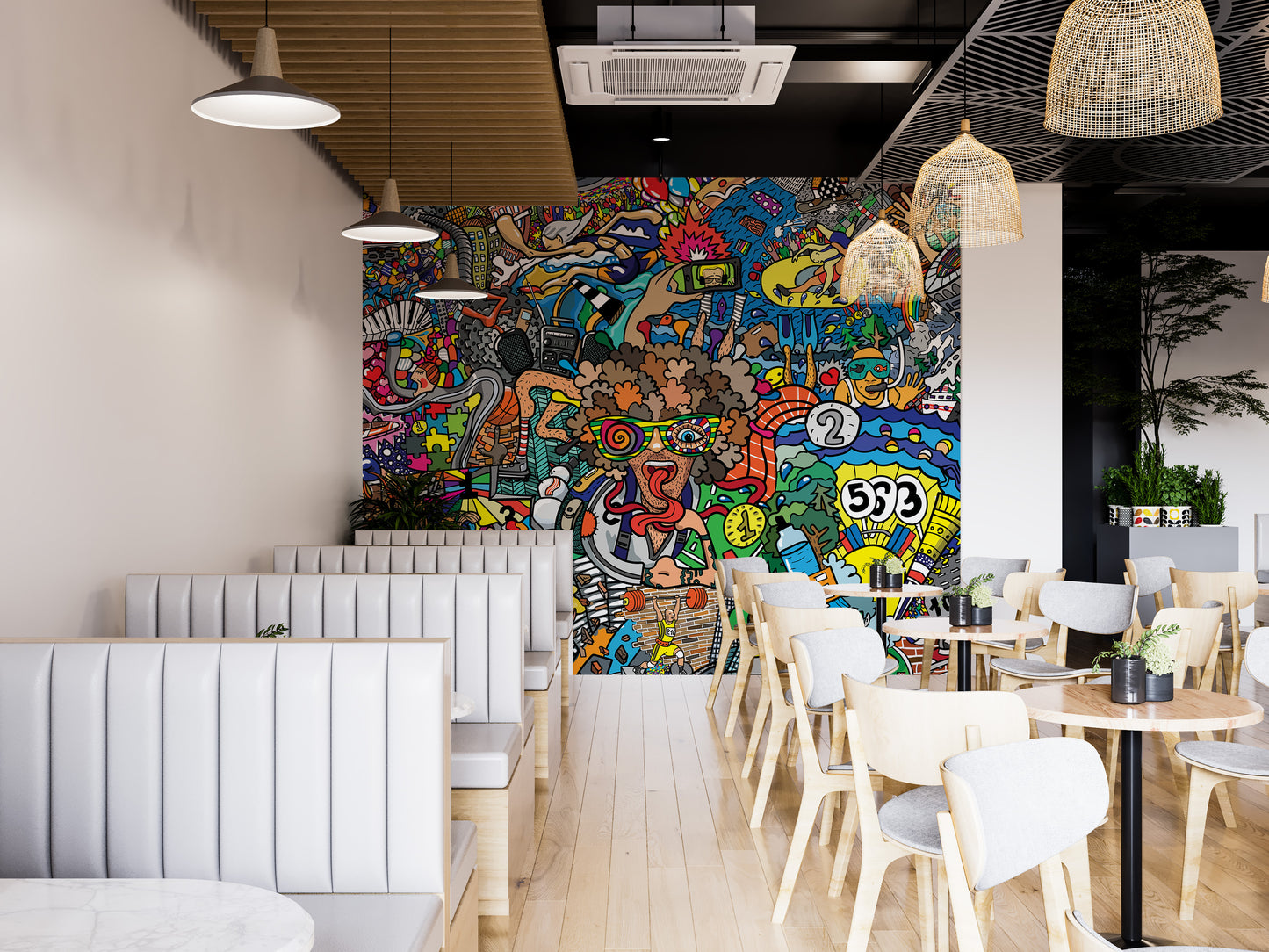 Eclectic urban wall mural with graffiti art