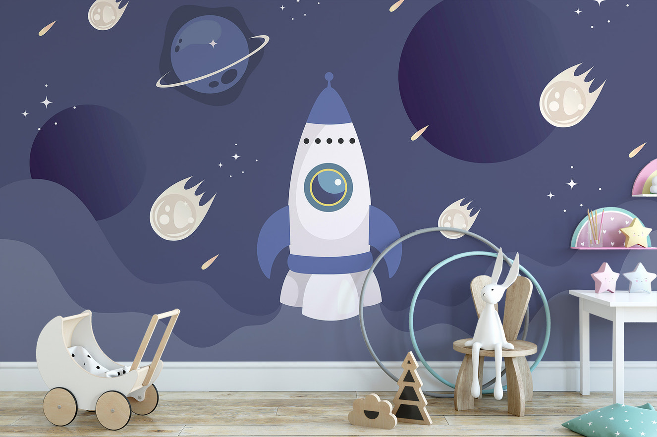 Colorful rocket ship wallpaper for children's rooms