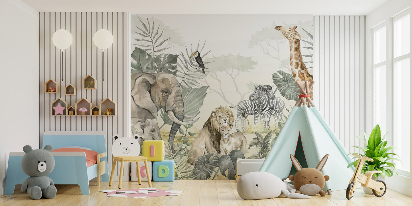 Jungle-inspired wallpaper mural with exotic animal illustrations