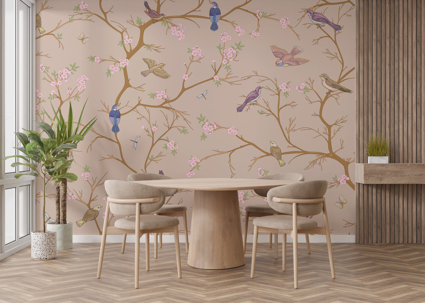 Bird and blossom wall mural in soothing beige hues