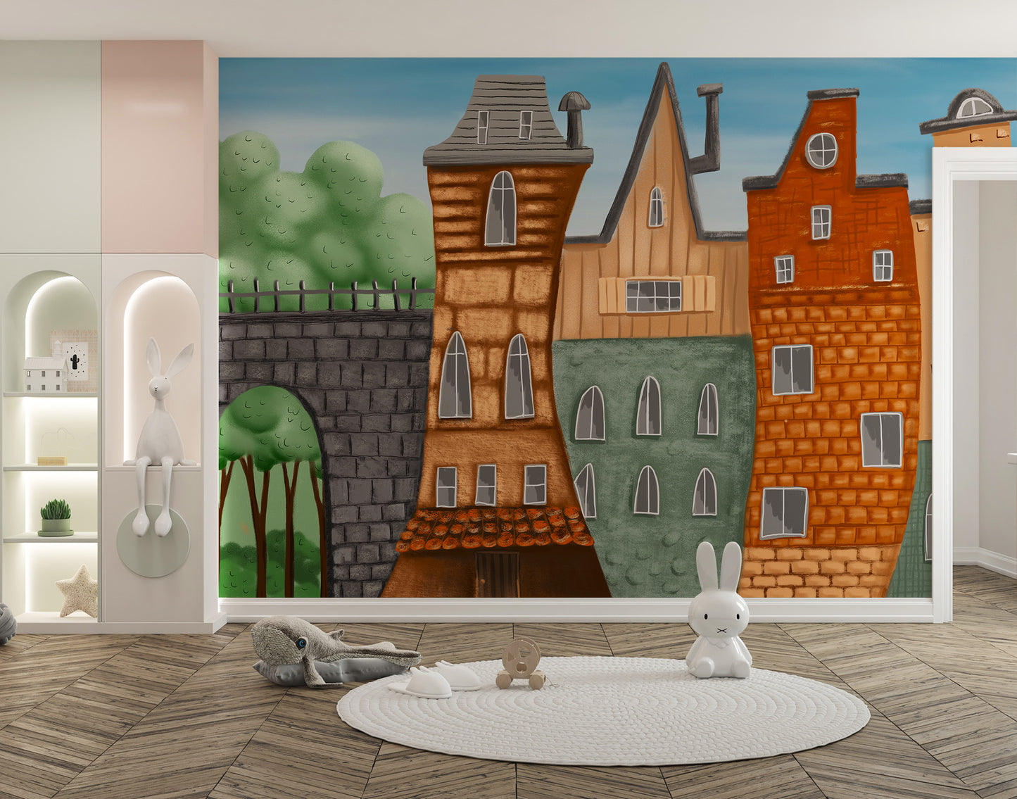 Whimsical townscape mural for nursery walls