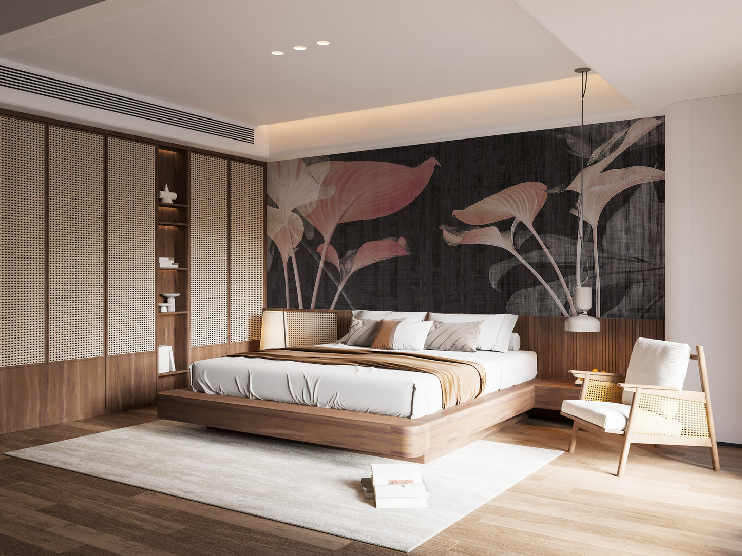 Elegant pink floral mural with soft tones.