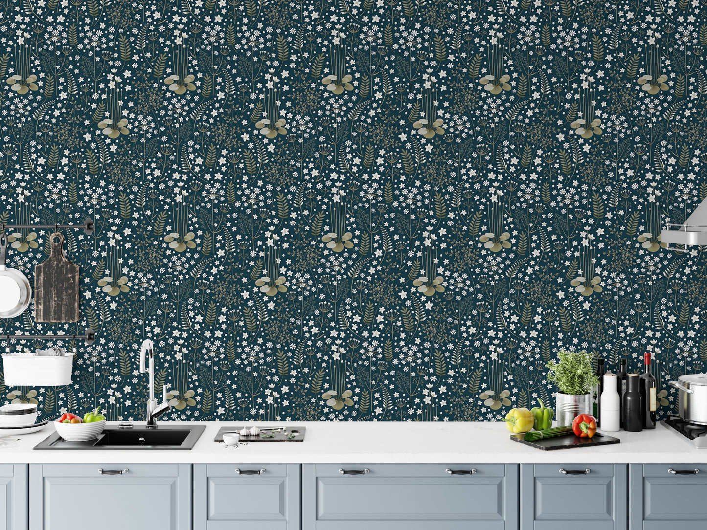 Floral Dark Blue Background Leaves Removable Wallpaper