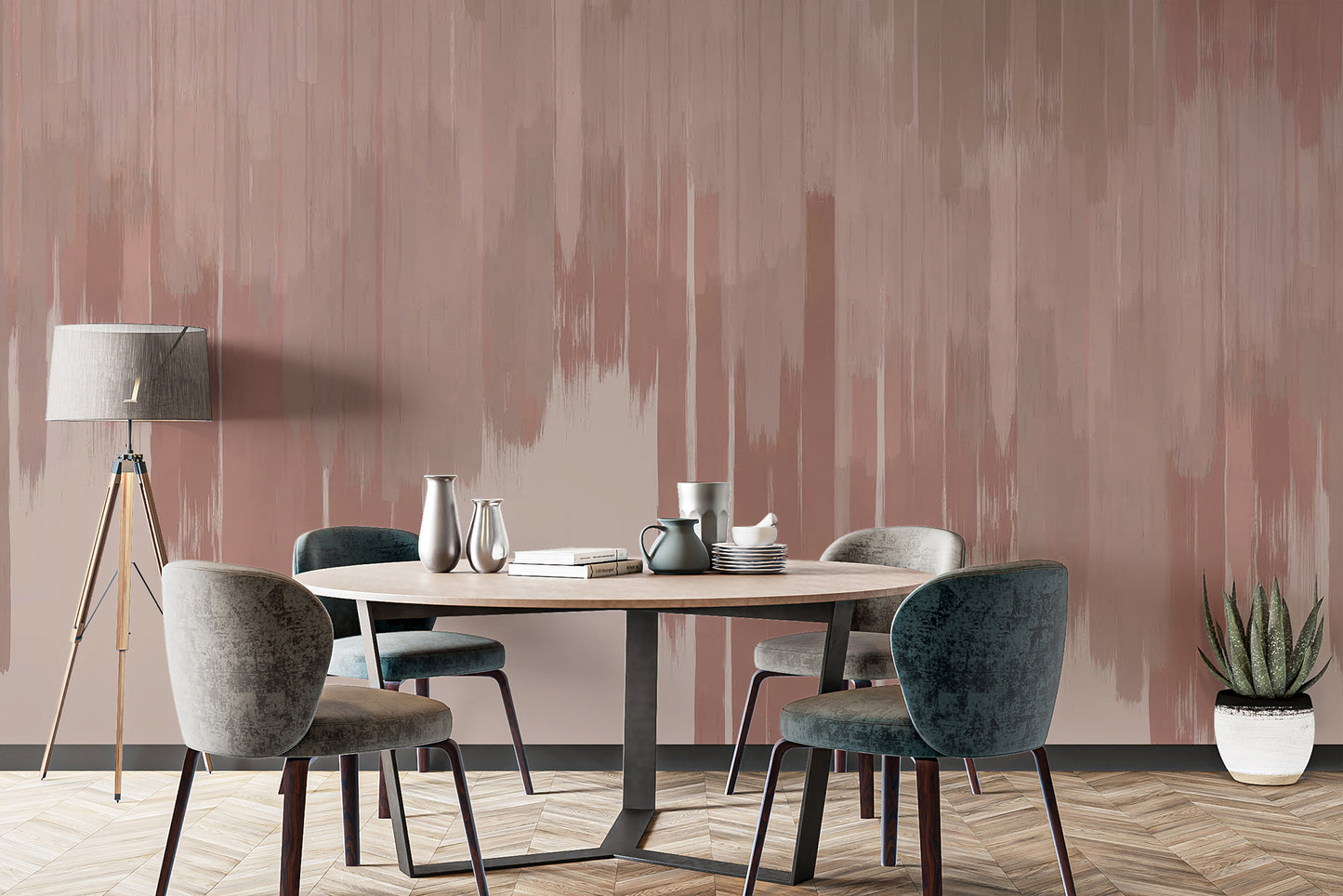 Minimalist wall mural featuring soft pink fade designs